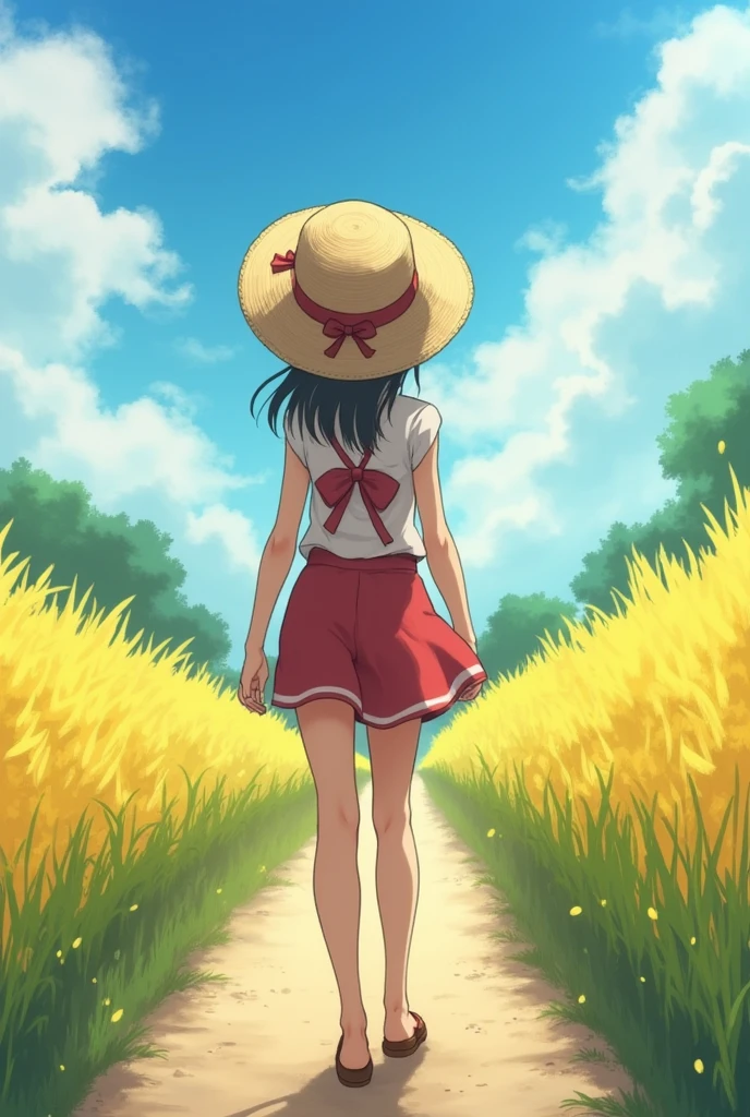 anime countryside beautiful girl Straw hat Back view