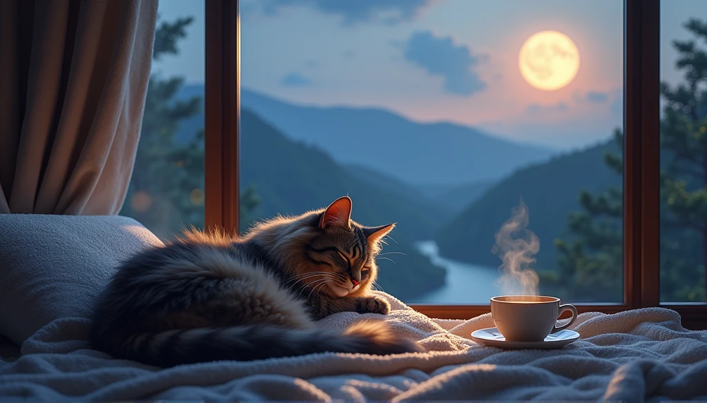 Cat sleeping on a pillow, steaming tea, ,Beautiful landscape window, Night Sky, moon,Maine Coon