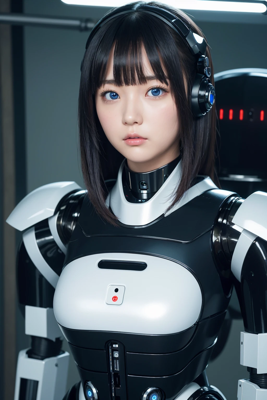 masterpiece, best quality, extremely detailed, Japaese android girl,portrait,Plump,a bit chubby,control panels,android,Droid,Mechanical Hand, Robot arms and legs, Black hair,Blunt bangs,perfect robot girl,long tube,thick cable connected her neck,android,robot,humanoid,cyborg,japanese cyborg girl ,robot-assembly plant,She is assembling now,assembly scene,blue eyes,chest monitor