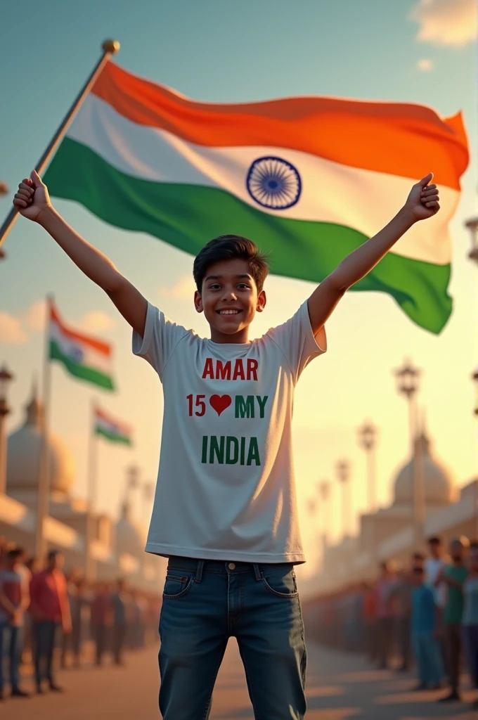 A 18 year old boy flying a Indian flag , write 15 aug indipendence day , wearing a t shirt, wire name on t shirt Amar , i love my india, with colours