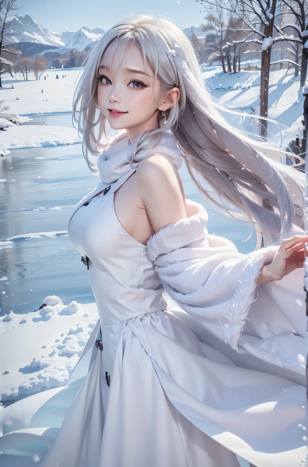 (the upper body:1.5).masterpiece、Highest quality、1 girl, winter, platinum blonde hair, Cute girl, smile, close mouse, medium breasts, sideboob:1.4, white dress, winter clothes, long skirt, Fur coat、Small waist、Thin legs、outdoors, front of the lake, snow falling, Prayer Pose, join hands, from backside:1.5