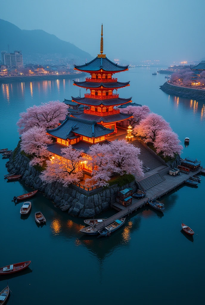pagoda epic scale surrounded by shops asian chinese Japanese style in the ocean island surrounded by merchant boats docked, island with cherry blossom, night time, festive aerial shot many boats island surrounded by docks , island central point