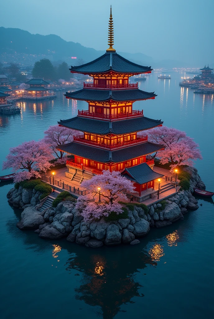 pagoda epic scale surrounded by shops asian chinese Japanese style in the ocean island surrounded by merchant boats docked, island with cherry blossom, night time, festive aerial shot many boats island surrounded by docks , island central point