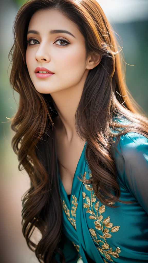 (realistic,photorealistic,photo-realistic:1.37),highly detailed,tealcolor anarkali,gorgeous women,beautiful detailed eyes,beautiful detailed lips,realism style,dynamic pose,full body,8k quality,depth field,wavy long black hair,professional portrait lighting,vivid colors,ultra-sharp focus,soft natural lighting,sophisticated expression,breathtaking composition,subtle background,highres
