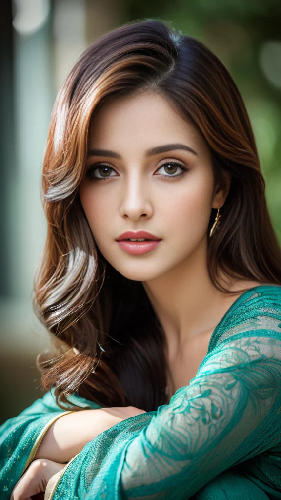 (realistic,photorealistic,photo-realistic:1.37),highly detailed,tealcolor anarkali,gorgeous women,beautiful detailed eyes,beautiful detailed lips,realism style,dynamic pose,full body,8k quality,depth field,wavy long black hair,professional portrait lighting,vivid colors,ultra-sharp focus,soft natural lighting,sophisticated expression,breathtaking composition,subtle background,highres