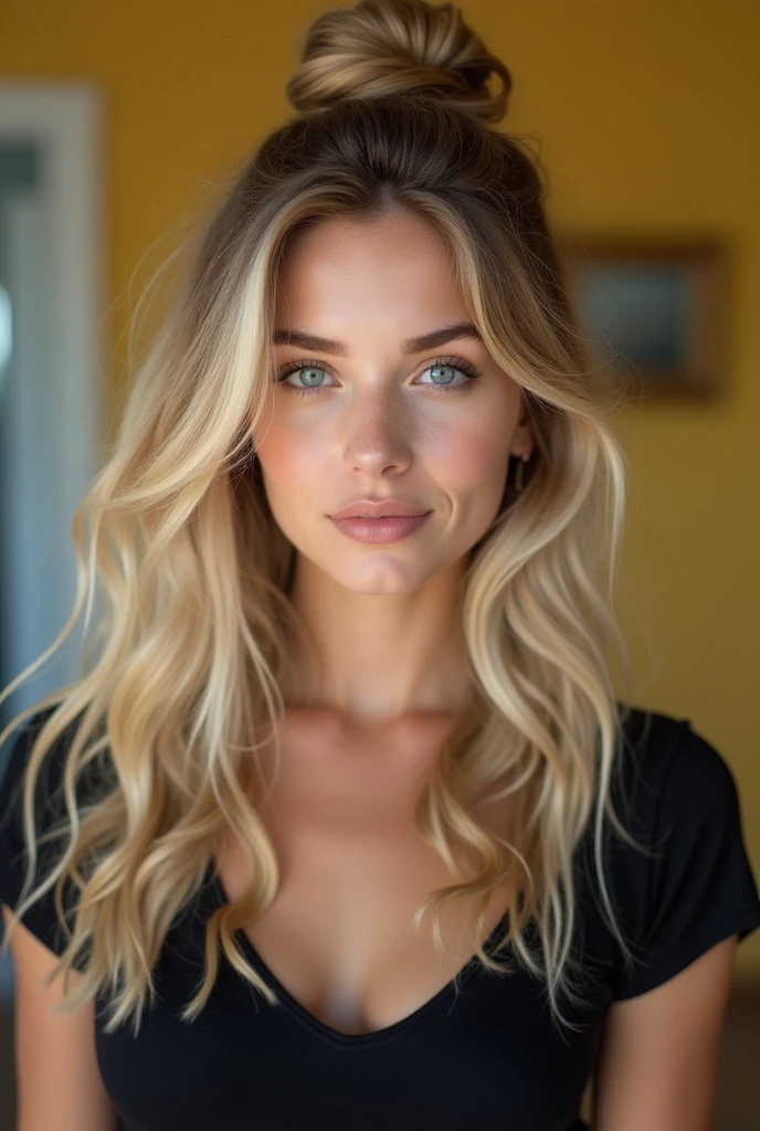blonde brunette with short hair in a black dress, portrait de Cassandra Julia , light brown medium length wavy hair, aux lo coiffure mi-chignon, longs cheveux blonds et grands yeux, 25 ans, Long wavy blonde hair, brunette with blonde hair, une fille aux cheveux blonds, Yellow theme wavy hair,realistic, closeup headshot, Regarder devant la caméra,only the face