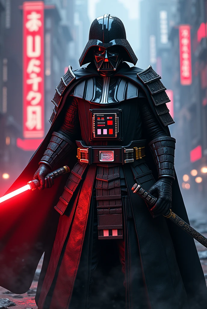 a samurai darth vader, ninja style, cyberpunk japan, gundam.detailed futuristic samurai armor, lightsaber, dark moody atmosphere, ultra detailed, 8k, cinematic lighting, photorealistic, highly detailed face, intricate samurai sword, glowing cybernetic enhancements, dynamic pose, epic sci-fi landscape, neon city in the background, dramatic shadows, vibrant colors