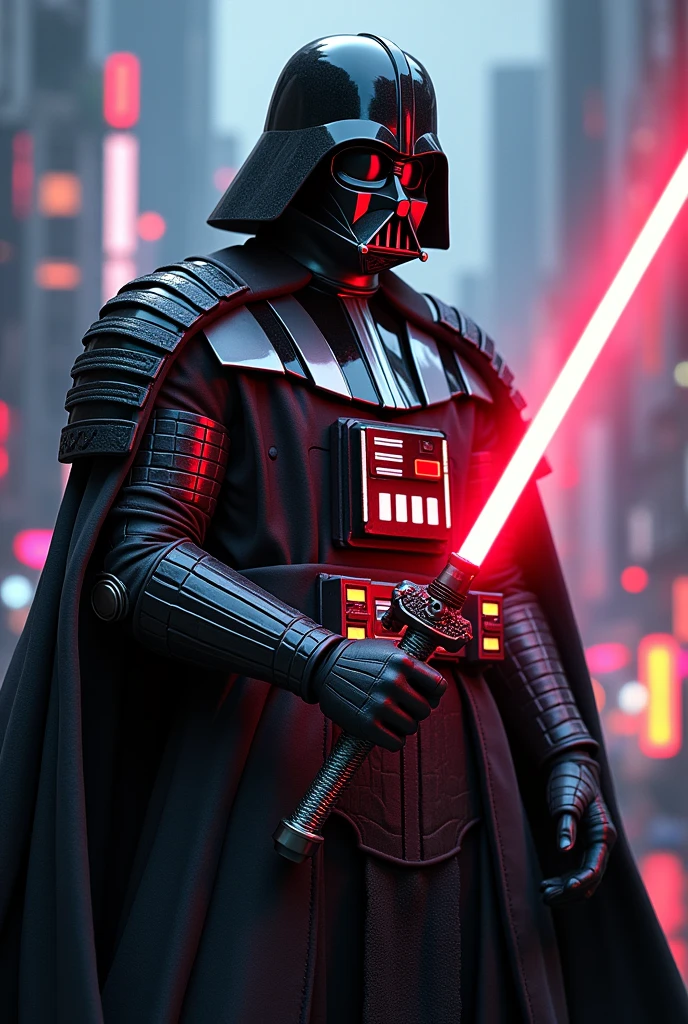 a samurai darth vader, ninja style, cyberpunk japan, gundam.detailed futuristic samurai armor, lightsaber, dark moody atmosphere, ultra detailed, 8k, cinematic lighting, photorealistic, highly detailed face, intricate samurai sword, glowing cybernetic enhancements, dynamic pose, epic sci-fi landscape, neon city in the background, dramatic shadows, vibrant colors
