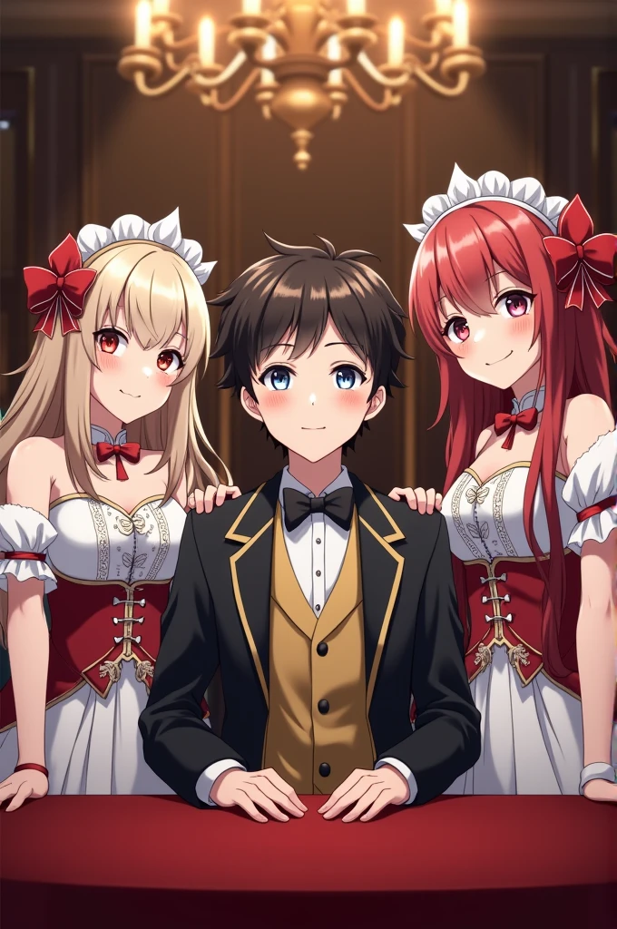 A boy in a fancy suit and three girls in fancy dresses sitting behind a fancy table in anime style