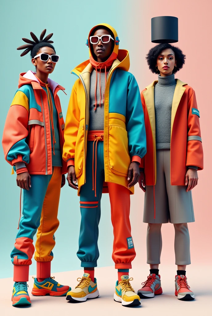 Create a series of experimental 3D illustrations that blend fashion and product design into abstract compositions. Each illustration should serve as a mood board for styling and dressing characters in eccentric outfits. Emphasize creative and unconventional designs, combining elements of high fashion with innovative product aesthetics. Use vibrant colors, dynamic shapes, and intricate textures to highlight the unique and experimental nature of each piece, ensuring that each composition provides inspiration for distinctive and stylish character designs