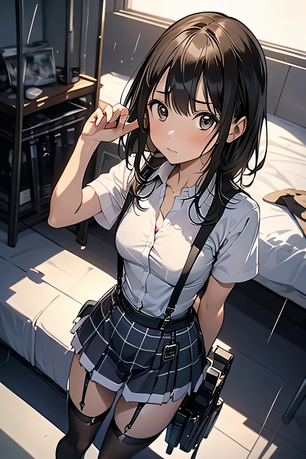 1 female, , high quality, masterpiece, Ultra-high resolution, Cinema Lighting, 1 female, , high quality, masterpiece, Ultra-high resolution, , Cinema Lighting, suspenders Moderate breasts Small face Looking up Sweat Thin belt buzzer 脇Sweat garter belt Belt on pants holster Hands behind your back Looking up Anxious face Knee-high Knee socks Knee-highソックス garter ふとももにgarter belt Checkered mini skirt Panty shot Skirt gap Armament holster holster Hands behind your back Anxious expression Anxious face, legs apart Armament Leg Holster holster See-through clothing heavy rain Rain-soaked dress shirt,Moderate breasts ガーターbelt suspenders Garter on the thigh Checkered mini skirt Looking up Pause belt Armpit sweat Hands behind back Raise your hands