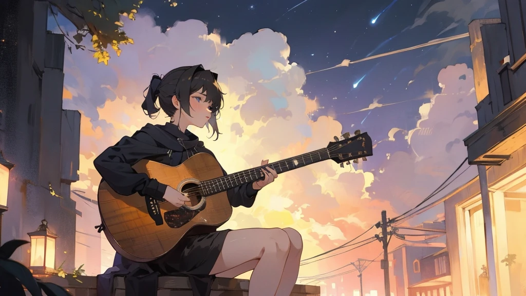 masterpiece,night,(dark alley),star、Night evening Sky、milky way、octone、
(1. Female), (solo), Knee hugging sitting,acousticguitar