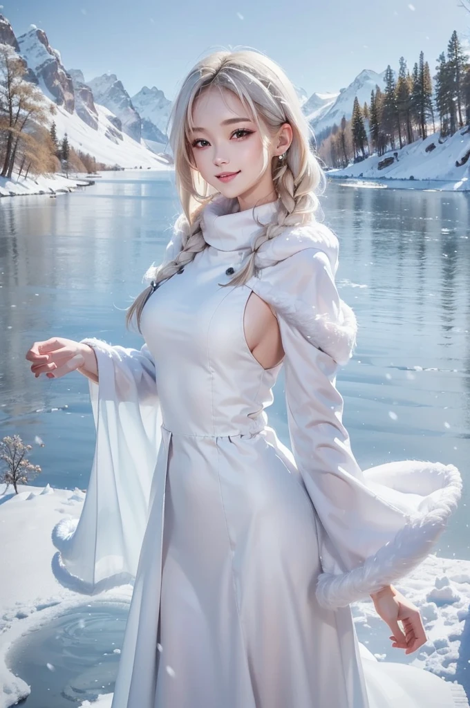 (the upper body:1.5).masterpiece、Highest quality、1 girl, winter, platinum blonde hair, Cute girl, smile, close mouse, medium breasts, sideboob:1.4, white dress, winter clothes, long skirt, Fur coat、Small waist、Thin legs、outdoors, front of the lake, snow falling, Prayer Pose, join hands, from diagonally front