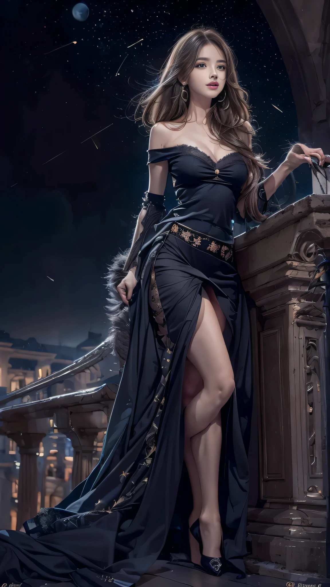 (Woman standing on balcony of palace)Portrait of, Realistic, High resolution, 1 female, alone, Beautiful Eyes, Close your lips, Detailed face, Gray Hair, Long Hair, (off shoulder black lace long dress) ,(There is a slit up to the waist.),Fur coat, stockings,(Star-filled night sky)、(The skirt is soaring)、(Black lace panties are visible),