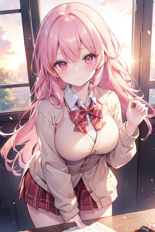 ((masterpiece, best quality, highres, UHD, perfect pixel, depth of field, 4k, RTX, HDR)), 1girl, single, solo, 19 years old, beautiful anime girl, beautiful artstyle, anime character, ((long hair, bangs, pink hair, curly hair)), (red eyes:1.4, rounded eyes, beautiful eyelashes, realistic eyes), (detailed face, blushing:1.2), (smooth texture:0.55, realistic texture:0.65, photorealistic:1.2, cinematic, anime CG style), medium breasts, perfect body, busty, (POV, close up), ((school uniform, cardigan, sweater, jacket, red bowtie, plaid skirt)), (indoor, beside the window), ((side light, natural light, sunrise)), sly smile, leaning forward, looking at viewer