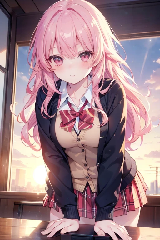 ((masterpiece, best quality, highres, UHD, perfect pixel, depth of field, 4k, RTX, HDR)), 1girl, single, solo, 19 years old, beautiful anime girl, beautiful artstyle, anime character, ((long hair, bangs, pink hair, curly hair)), (red eyes:1.4, rounded eyes, beautiful eyelashes, realistic eyes), (detailed face, blushing:1.2), (smooth texture:0.55, realistic texture:0.65, photorealistic:1.2, cinematic, anime CG style), medium breasts, perfect body, busty, (POV, close up), ((school uniform, cardigan, sweater, jacket, red bowtie, plaid skirt)), (indoor, beside the window), ((side light, natural light, sunrise)), sly smile, leaning forward, looking at viewer