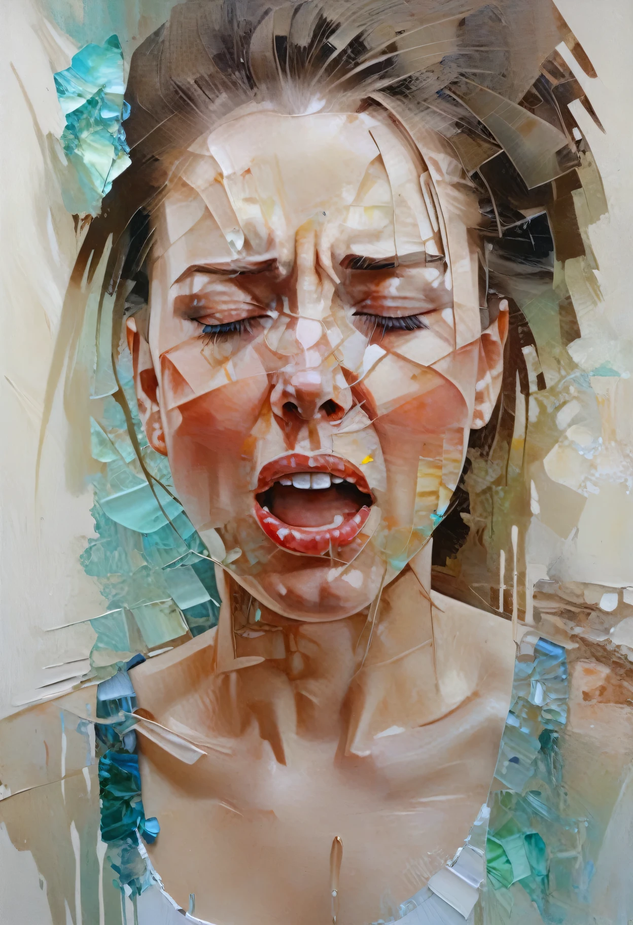 a painting of a woman with a face made of broken pieces of glass, with an expression of anguish, she closes her eyes, raises her eyebrows, and seems to be shouting something、intricate and intense Oil paints, Abstract Portrait, intricate Oil paintsing artwork, Vadim Kashin、Realistic, gives the viewer a detailed impact, a portrait painted with oil paint, , intricate and wet Oil paints, Oil paints, Trending Art, Artist Unknown, Painful expression, Ryan Hewett、bichu、oil paintin、A three-dimensional painting、super masterpiece、Ultra high definition、vivid colors、