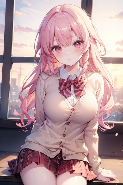((masterpiece, best quality, highres, UHD, perfect pixel, depth of field, 4k, RTX, HDR)), 1girl, single, solo, 19 years old, beautiful anime girl, beautiful artstyle, anime character, ((long hair, bangs, pink hair, curly hair)), (red eyes:1.4, rounded eyes, beautiful eyelashes, realistic eyes), (detailed face, blushing:1.2), (smooth texture:0.55, realistic texture:0.65, photorealistic:1.2, cinematic, anime CG style), medium breasts, perfect body, busty, (POV, close up), ((school uniform, cardigan, sweater, jacket, red bowtie, plaid skirt)), (indoor, beside the window), ((side light, natural light, sunrise)), sly smile, leaning forward, looking at viewer