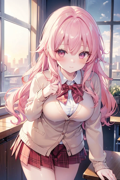 ((masterpiece, best quality, highres, UHD, perfect pixel, depth of field, 4k, RTX, HDR)), 1girl, single, solo, 19 years old, beautiful anime girl, beautiful artstyle, anime character, ((long hair, bangs, pink hair, curly hair)), (red eyes:1.4, rounded eyes, beautiful eyelashes, realistic eyes), (detailed face, blushing:1.2), (smooth texture:0.55, realistic texture:0.65, photorealistic:1.2, cinematic, anime CG style), medium breasts, perfect body, busty, (POV, close up), ((school uniform, cardigan, sweater, jacket, red bowtie, plaid skirt)), (indoor, beside the window), ((side light, natural light, sunrise)), sly smile, leaning forward, looking at viewer