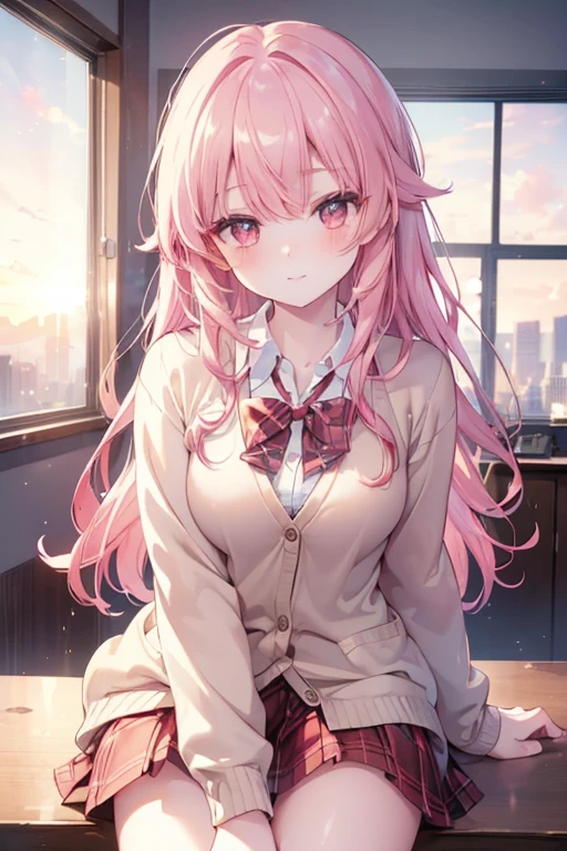 ((masterpiece, best quality, highres, UHD, perfect pixel, depth of field, 4k, RTX, HDR)), 1girl, single, solo, 19 years old, beautiful anime girl, beautiful artstyle, anime character, ((long hair, bangs, pink hair, curly hair)), (red eyes:1.4, rounded eyes, beautiful eyelashes, realistic eyes), (detailed face, blushing:1.2), (smooth texture:0.55, realistic texture:0.65, photorealistic:1.2, cinematic, anime CG style), medium breasts, perfect body, busty, (POV, close up), ((school uniform, cardigan, sweater, jacket, red bowtie, plaid skirt)), (indoor, beside the window), ((side light, natural light, sunrise)), sly smile, leaning forward, looking at viewer