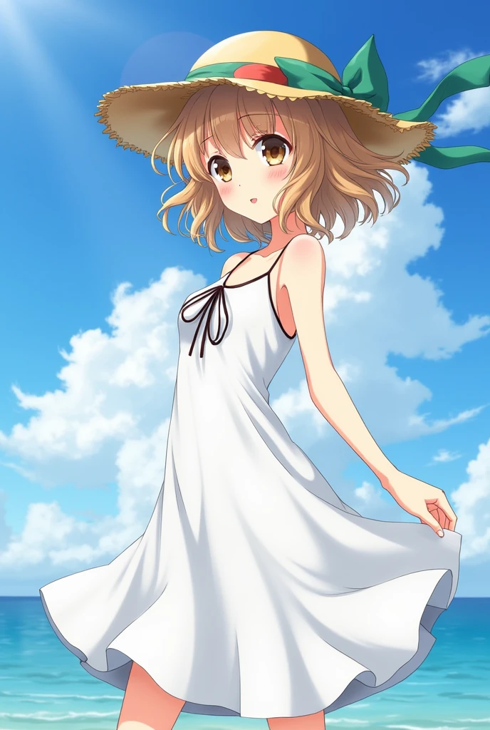 anime Ocean Two beautiful girls White dress Straw hat