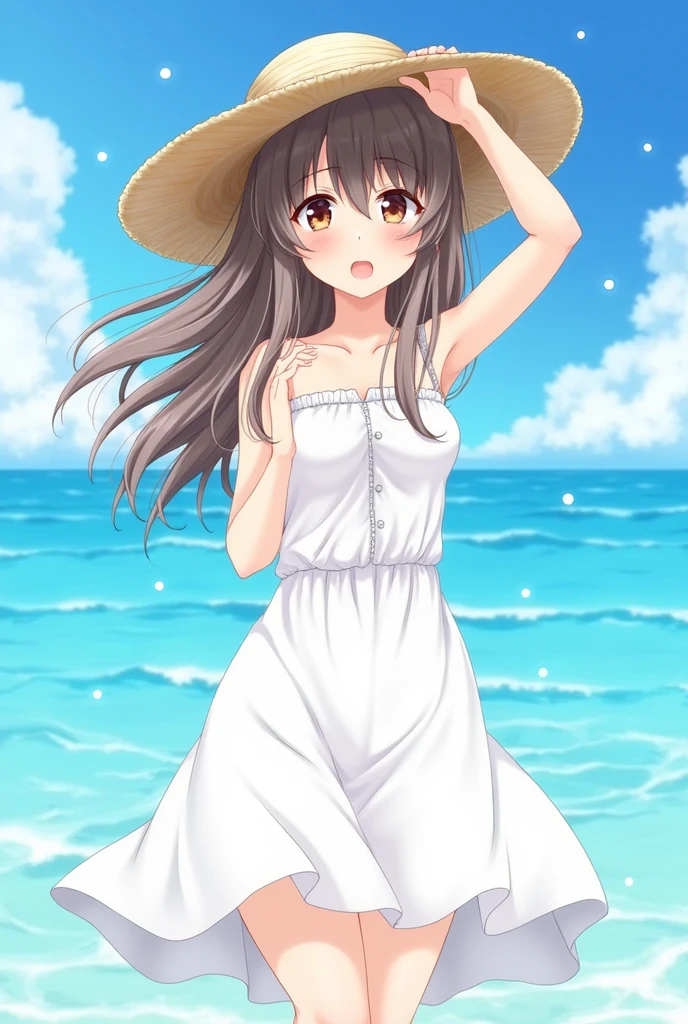 anime　Ocean　Two beautiful girls　White dress　Straw hat