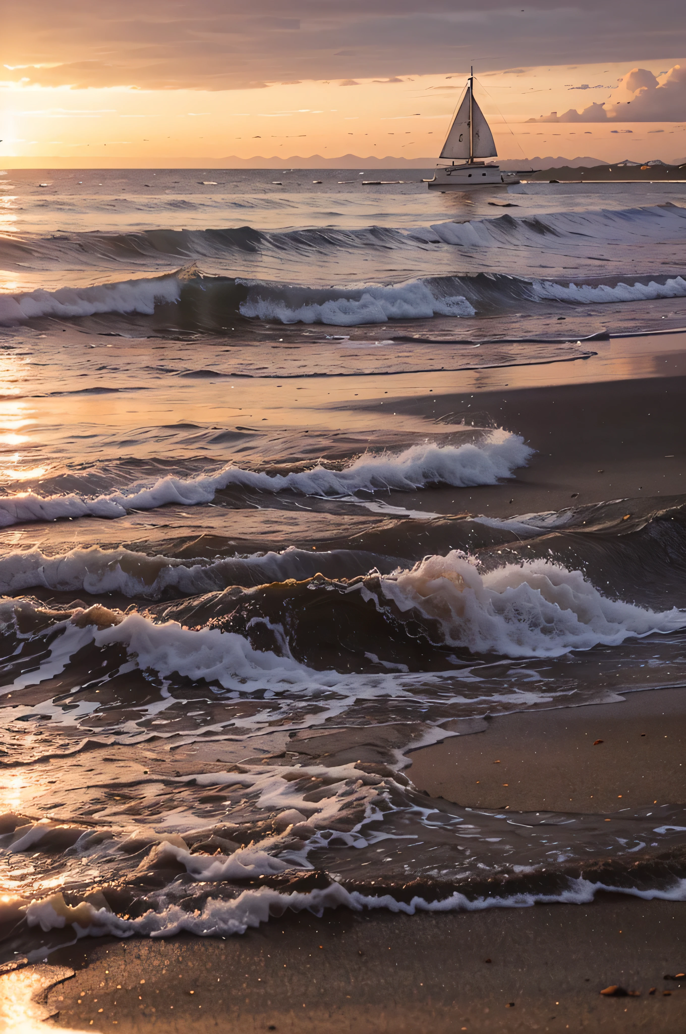 A sunset view on a deserted beach, with the sky turning shades of orange and purple. Small waves touch the shore, and a sailboat is visible in the distance.