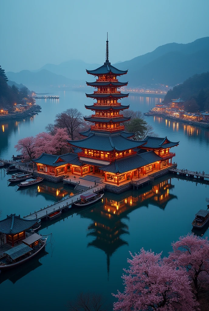 pagoda epic scale surrounded by shops asian chinese Japanese style in the ocean island surrounded by merchant boats docked, island with cherry blossom, night time, festive aerial shot many boats island surrounded by many wooden docks , island central point