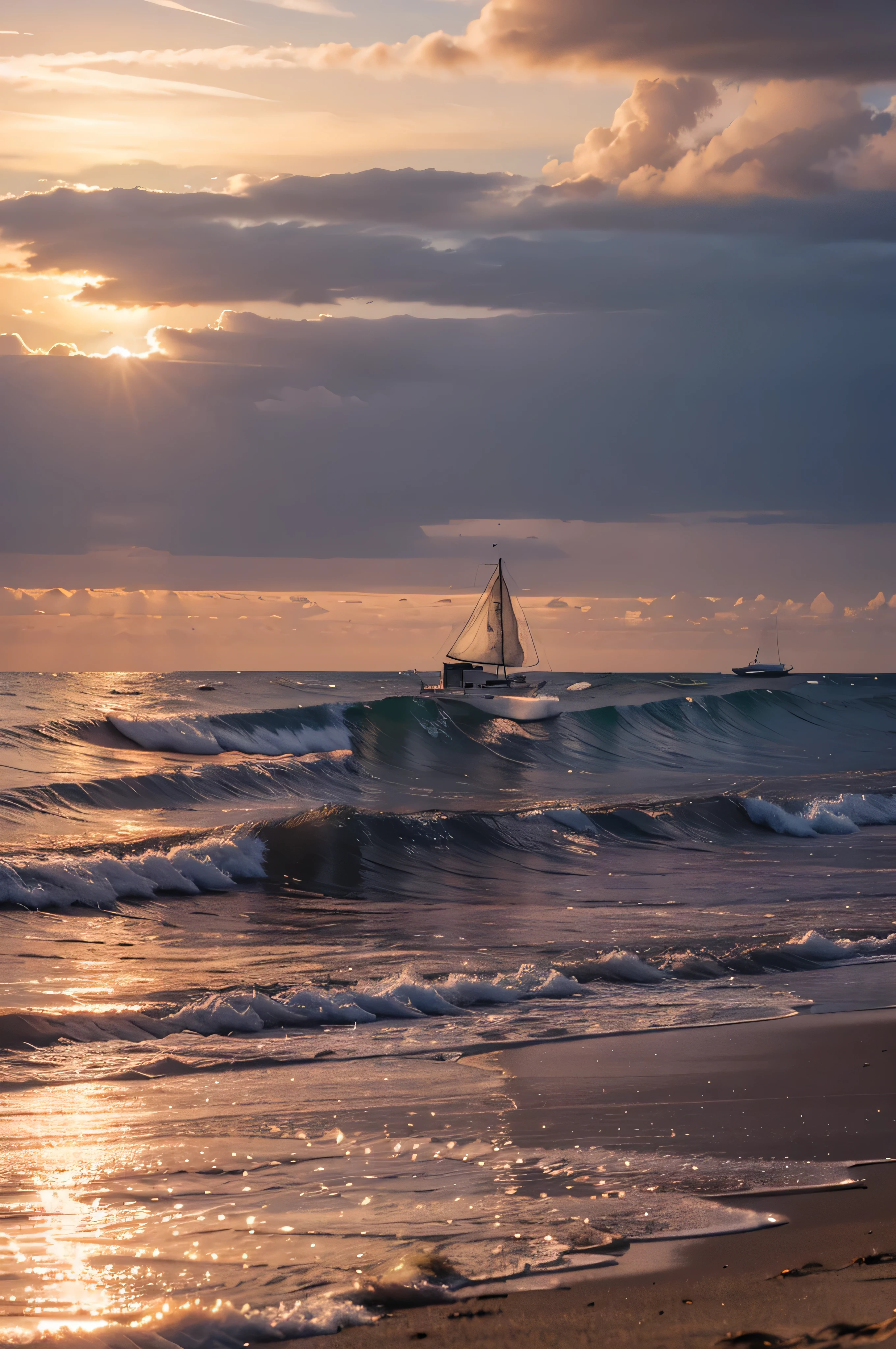 A sunset view on a deserted beach, with the sky turning shades of orange and purple. Small waves touch the shore, and a sailboat is visible in the distance.