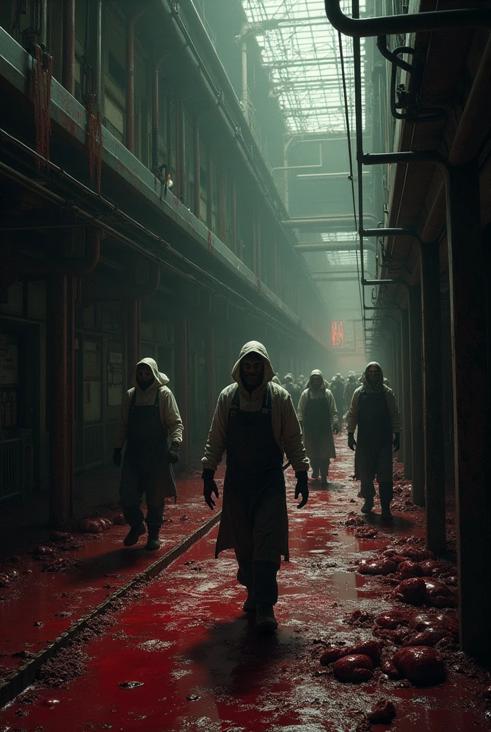 In the laboratory corridor, bodies of soldiers and scientists lie on the ground, puddles of red paint on the sterile white floor. The laboratory lights flicker violently, stealthy shadow moves in the background, and a shrill scraping of metal echoes through the halls. The scene is shrouded in increasing darkness, increasing tension and fear.