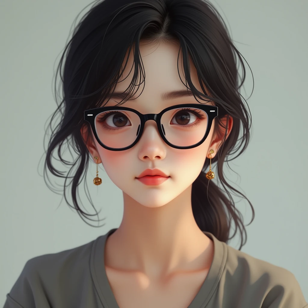 Translation to English:

"Create an 18-year-old Asian girl wearing black glasses, showing a curious expression, with a cute face. The image is full-body, slightly revealing, youthful."