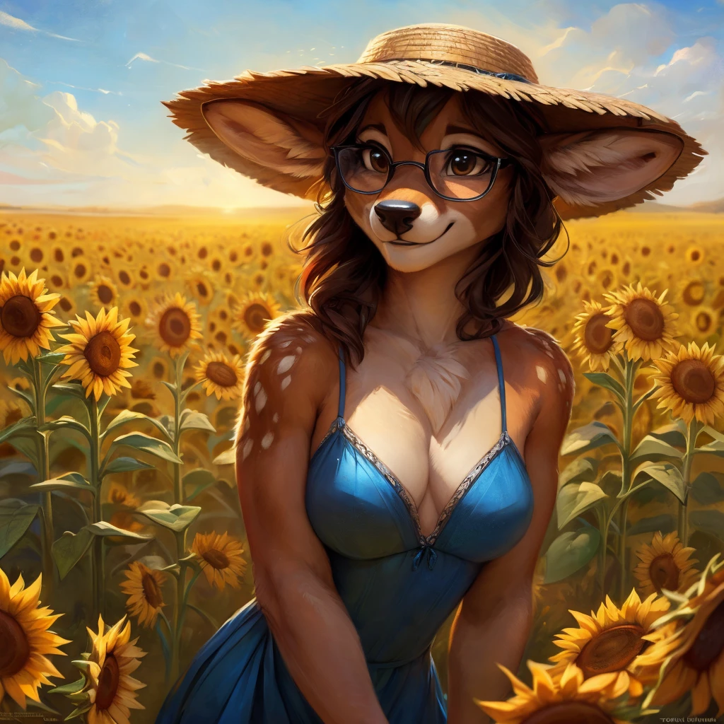 uploaded on e621, artstation, by Pixelsketcher, by Bayard Wu, by Thomas Benjamin Kennington , by Einshelm, by hioshiru and kenket, Chunie, portrait, solo anthro female deer doe, with small featureless breasts, clear dark blue, cinematic lighting, day, sunny day, sunflower field, stands in a high sunflower field, sunflower field background, sunflowers, mediterranean background, horizon background, shiny, chin short curly dark brown hair, wears big black nerd glasses, very very beautiful furry art, furry art, smiling, joyful, shiny, happy, feminine, cute face, muzzle, fluffy chest, flawless face, Fallow deer, 1girl, Sakimichan is beautiful, Masterpiece, Wavethesallow Face, shiny, Detailed image, portrait, Detailed image, portrait, full body, wears pure white and wide spaghetti straps dress, wears big and wide beige summer straw hat, shiny, realistic face, perfect anatomy, hourglass body, (furry body:1.1), anthropomorphic deer, detailed background, (cute anatomy:1.1), walks in a sunflower field