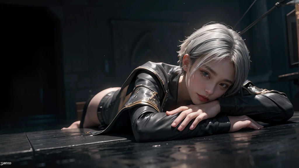 masterpiece,Game Art,Best picture quality,Maximum resolution,8k,(Upper Body),Unreal Engine 5 rendering works,(Digital Photography),(Boy holding a Barrett，Lying down),Short hair details,(The eyes are very delicate),(Has short grey hair:1.4),(Perfect body),(Black robe),(background:Bungee jumping platform),light,night,Ray Tracing,RAW photos,((3D Unreal Engine)),OC rendering reflection mode