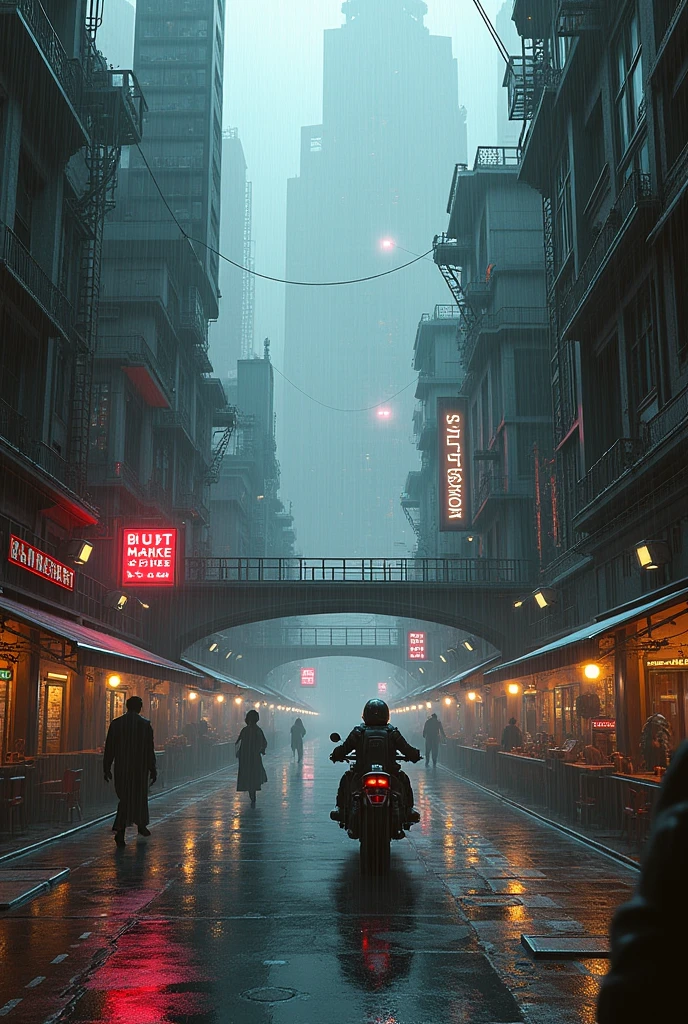 ((masterpiece)),((best quality)),((High Detail)),((Practical,)) Future Era City, There is a deep canyon in the middle, Building Street, market, bridge, Cyberpunk, European Architecture, Rainy night, neon, Futuristic motorcycle