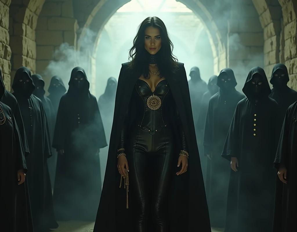 A mysterious female cult leader holds mass in front of masked followers in an underground facility、A woman with a bad personality and inferiority complex、smile、A woman who displays authority、Japan is becoming increasingly dog-eat-dog、black longcoat、Gold leather handbag、Black Leather Costume、((Old ruins)), Japanese women、A mysterious circular accessory、Detailed costume design、Black long coat、Crazy Face、美しいJapanese women、make、cold、Crazy Smile、((Pale white light)), Anatomically correct、smoke