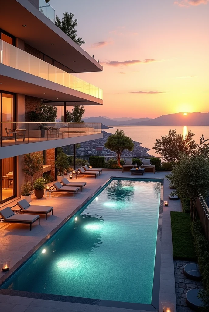 big apartment with pool in İzmir, with sunset lights