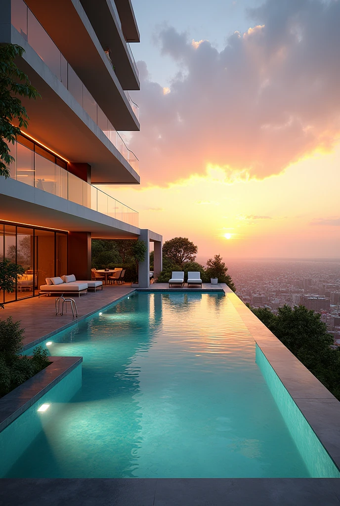 big apartment with pool in İzmir, with sunset lights