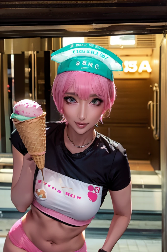 (Highest quality), Realistic, Beautiful Nurse,Gal,Hospital Bets,((Licking ice cream:1.2)),See-through costume,Nurse cap(short hair,Sharp bangs)Showing panties,(((Highest quality,Highest quality,8k images)))Pink Hair,High heels,