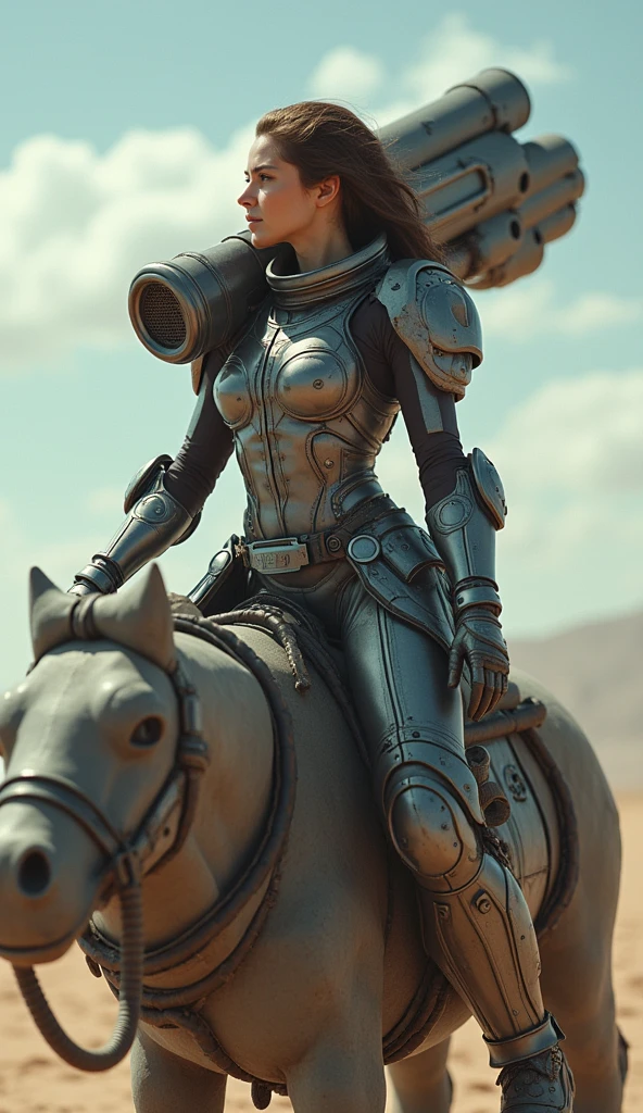 (RAW photo, realistic photo, high quality, masterpiece), sci-fi style, woman with a giant weapon on her both shoulders, giant cannon, sit on giant sword, fighting stance, jumpsuit with armour