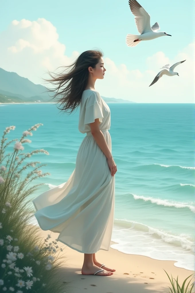 The woman came to the sea to relax