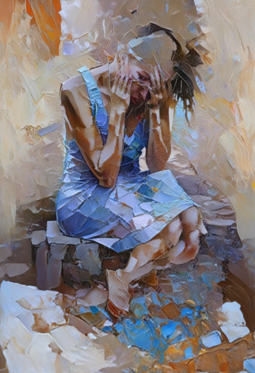 Painting of a woman with a face made of broken pottery shards, with an expression of anguish, she closes her eyes, raises her eyebrows, and seems to be shouting something、Her hands are running through her hair.、intricate and intense Oil paints, Abstract Portrait, intricate Oil paintsing artwork, Vadim Kashin、Realistic, gives the viewer a detailed impact, a portrait painted with oil paint, , intricate and wet Oil paints, Oil paints, Trending Art, Artist Unknown, Painful expression, Ryan Hewett、bichu、oil paintin、A three-dimensional painting、super masterpiece、Ultra high definition、vivid colors、