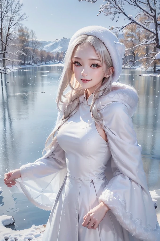 (the upper body:1.5).masterpiece、Highest quality、1 girl, winter, platinum blonde hair, Cute girl, smile, close mouse, medium breasts, sideboob:1.4, white dress, winter clothes, long skirt, Fur coat、Small waist、Thin legs、outdoors, front of the lake, snow falling, Prayer Pose, join hands, from front