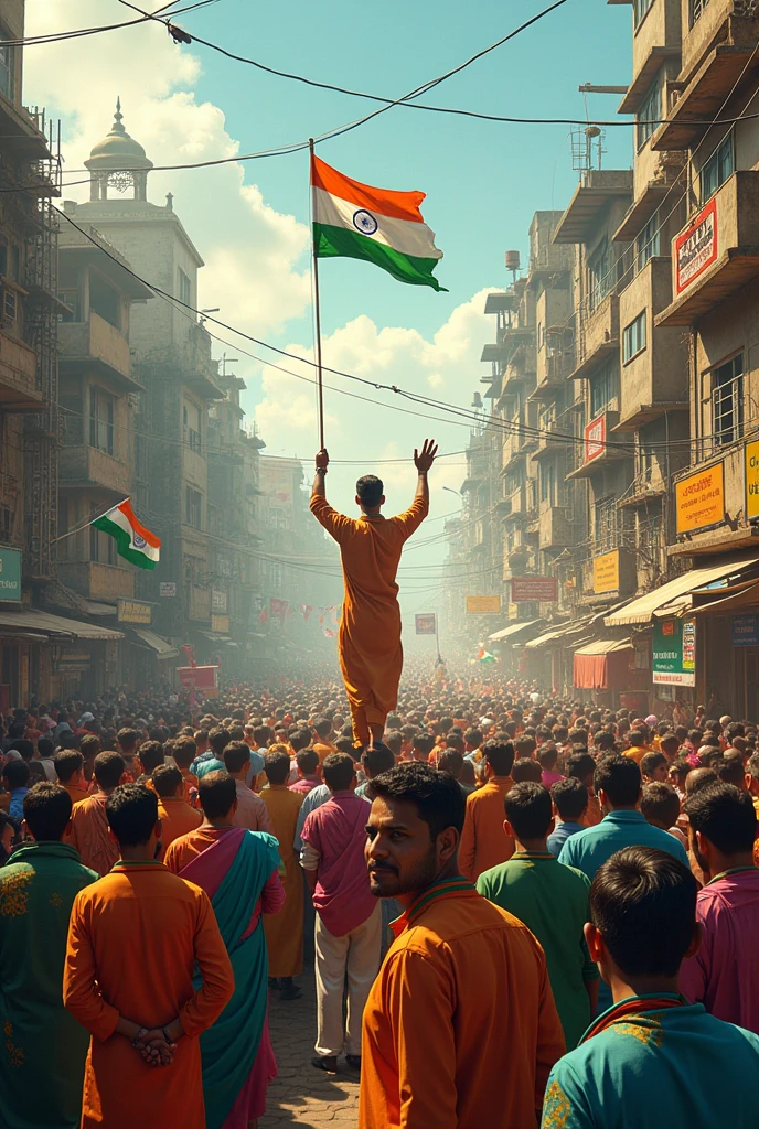 create an image of 78th indian independence day celebration and stil struggling people with poverty and other miseries