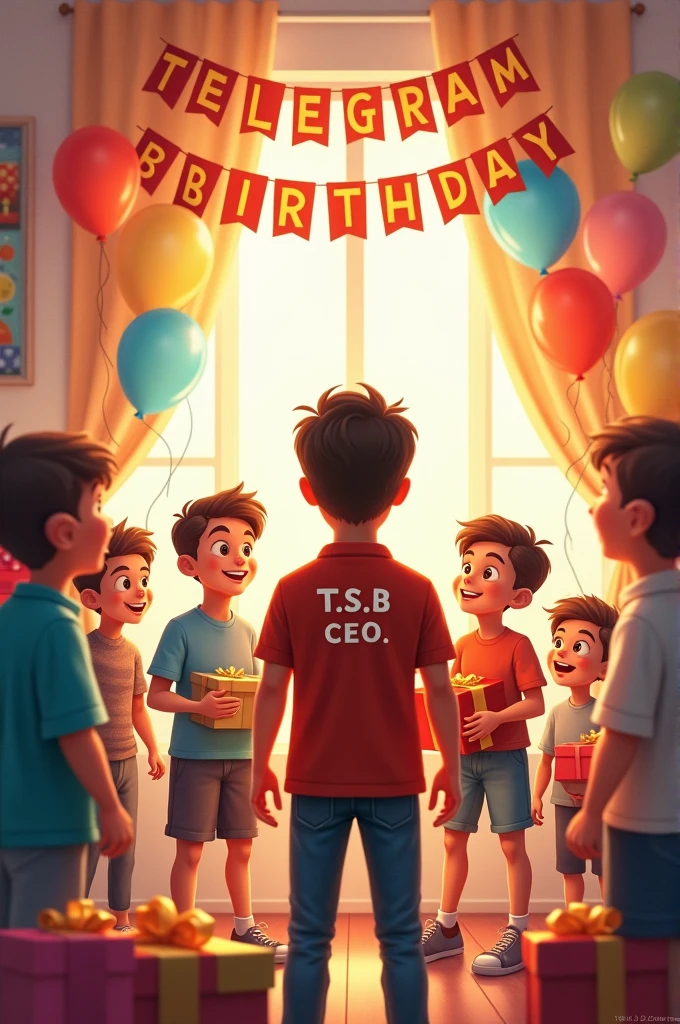 Birthday celebration in a beautiful room. Balloons are flying around. There are gift boxes.  A few young boys are standing together and celebrating.  TELEGRAM BIRTHDAY written on the banner above.  And a young man is standing there with a gift box in his hand.  T.S.B CEO written on the back of his T-shirt.