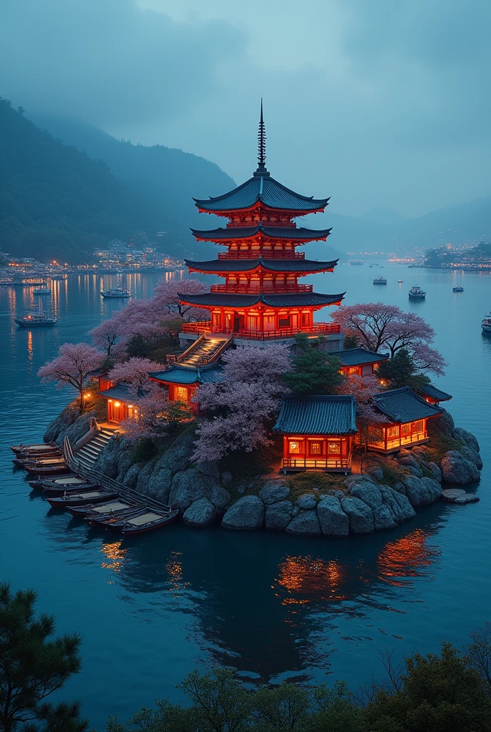 pagoda epic scale surrounded by shops asian chinese Japanese style in the ocean island surrounded by merchant boats docked, island with cherry blossom, night time, festive aerial shot many boats island surrounded by many small wooden docks , island central point