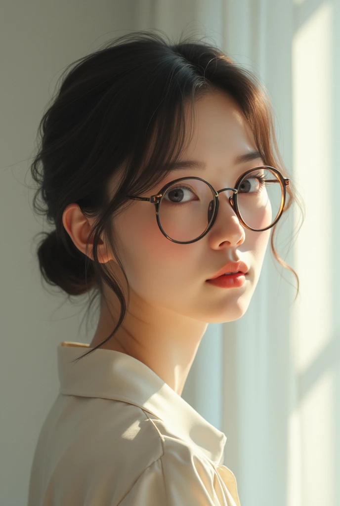 Japanese women、Late 20s、Brown hair and glasses、Serious and quiet、Kinda cute、Kind Face、Not too fat, not too thin.