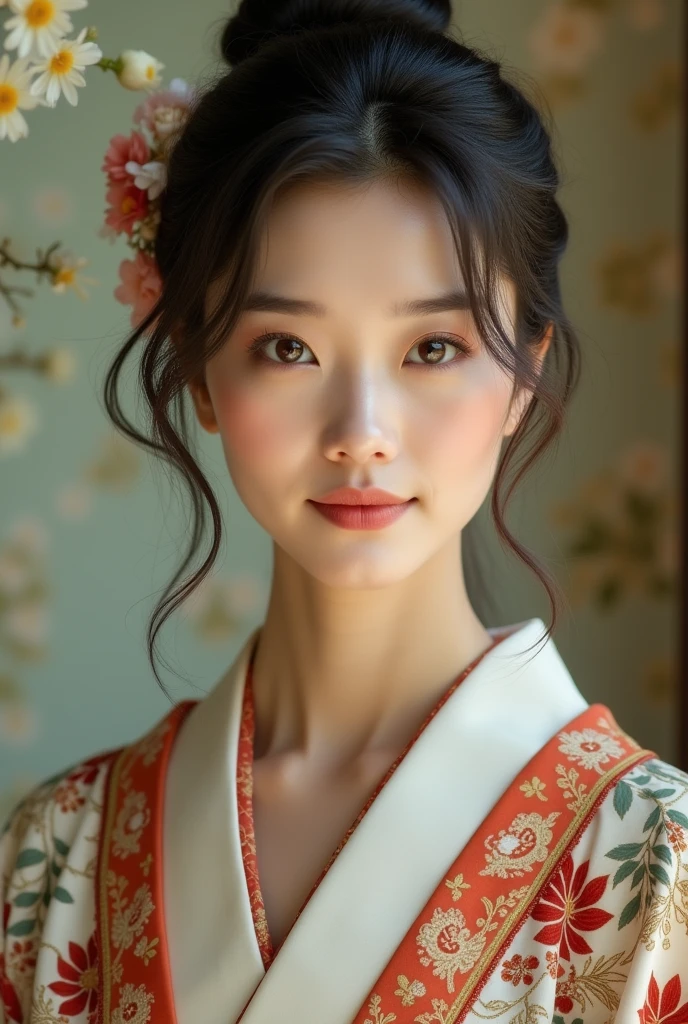 An elegantly dressed Japanese woman in natural light、A close-up of her chest and calm expression.、It shows her inner peace and outer charm.。
