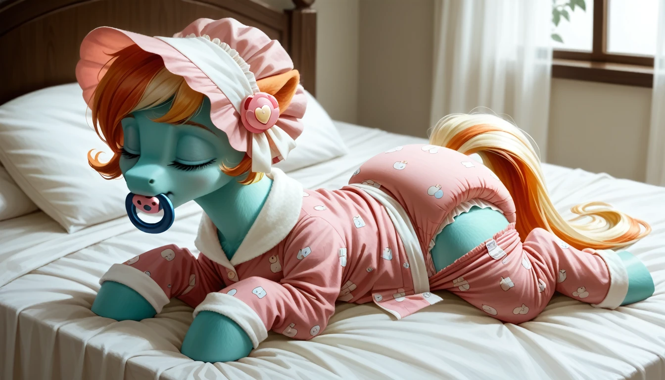 pony, бежевая земная pony, no horn, no wings, adult mare, closed eyes, wearing pajamas and a bonnet, pacifier in mouth, solo, thick diaper under clothes.