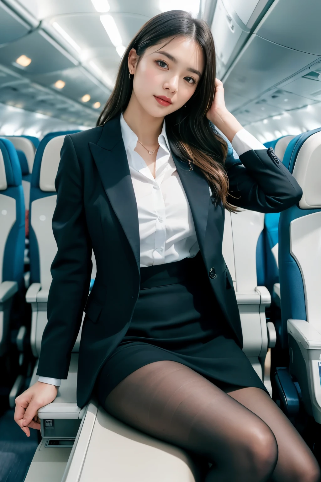 Sexy woman in business suit、flare skirt、Ukrainian、Ukrainian Goddess、Incredible beauty、Wearing surreal pantyhose、sit cross-legged on an airplane..........、Laughter、High heels、game＿Tekkâ、 (English) (English) (English) (English) (English) (English) (English) (English) (English) (English) (English), masterpiece, 最high quality, The reality of light, RAW Photos、8k, High resolution, Detailed Skin, 8k, Ultra HD, Digital single-lens reflex camera, Soft lighting, high quality, Film Grain, Fujifilm XT3, Realistic skin texture、Glossy Skin、Exposing thighs!!!