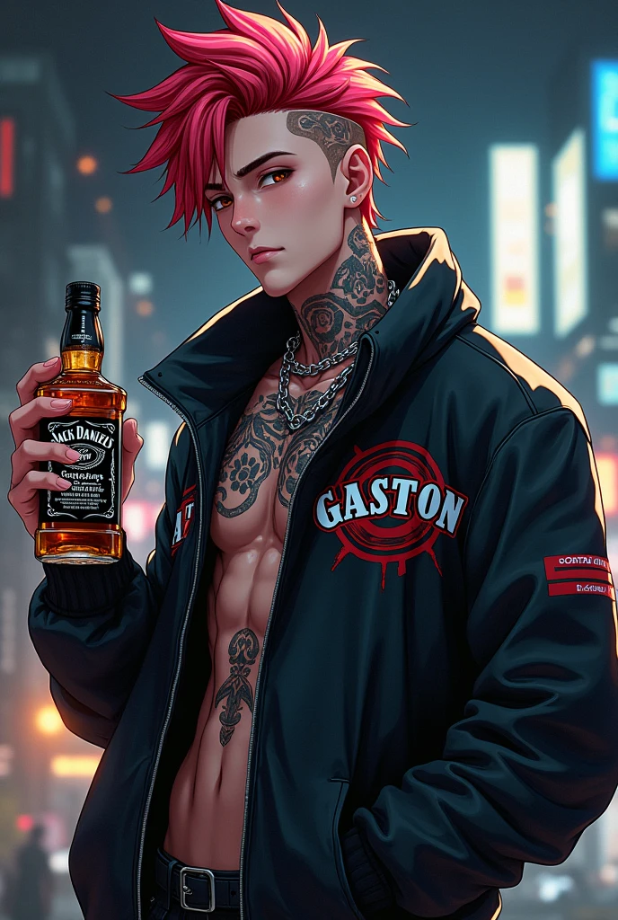 A glowing 3D anime male, , with tattoos, brightly colored hair, holding a Jack Daniel's bottle, wearing a jacket that says GASTON.